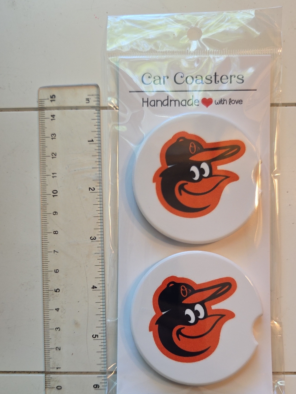 Baseball Logo Car Coaster Set - Orange & Black Orioles Bird